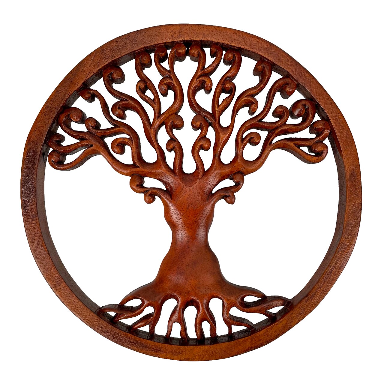 Hand Carved Mahogany Tree Of Life Wood Wall Plaque - 11.5 Inch Diameter